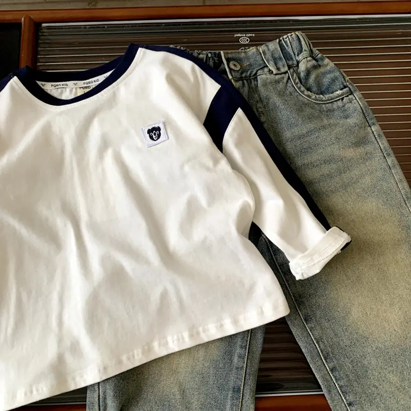 Boys Cotton Long Sleeve T-Shirt White Blue Round Neck — feature 3