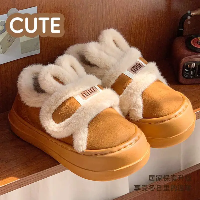 2025 Winter New Plush Rabbit Ear Velcro Women's Shoes with Outer Wear Home Casual Slippers Cotton Slippers - Image 4