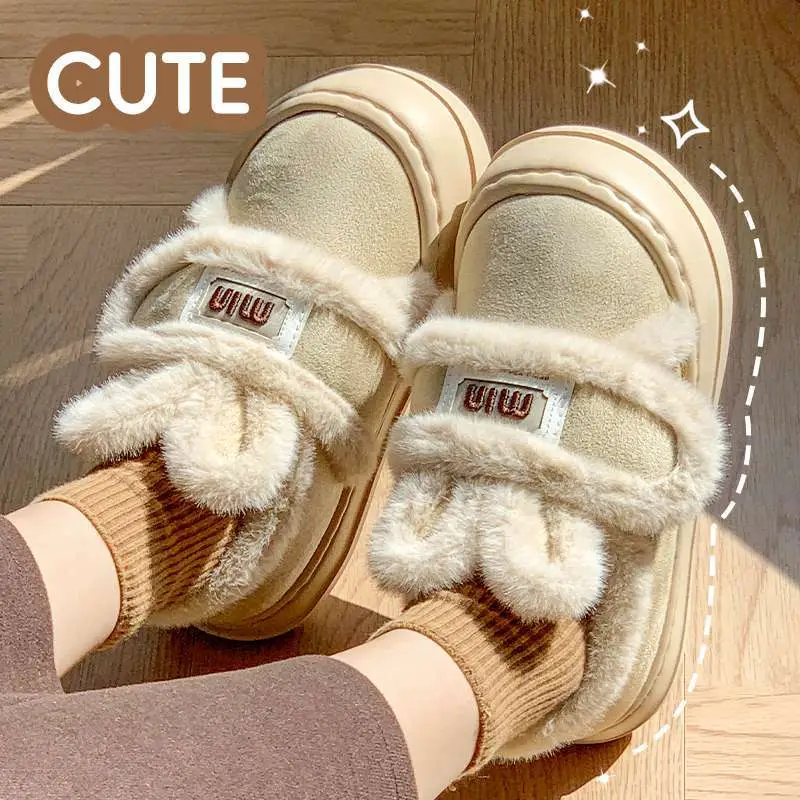 2025 Winter New Plush Rabbit Ear Velcro Women's Shoes with Outer Wear Home Casual Slippers Cotton Slippers - Image 6