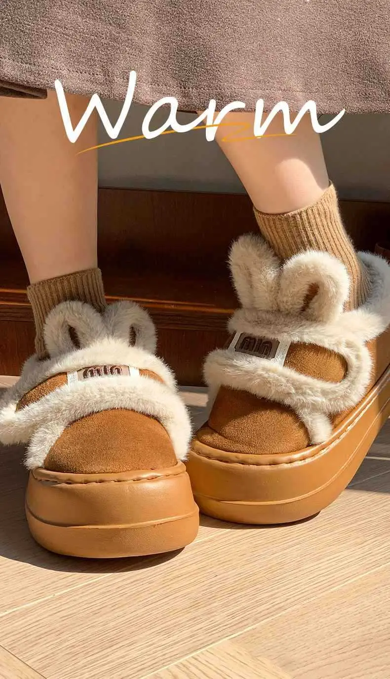 2025 Winter New Plush Rabbit Ear Velcro Women's Shoes with Outer Wear Home Casual Slippers Cotton Slippers — feature 2