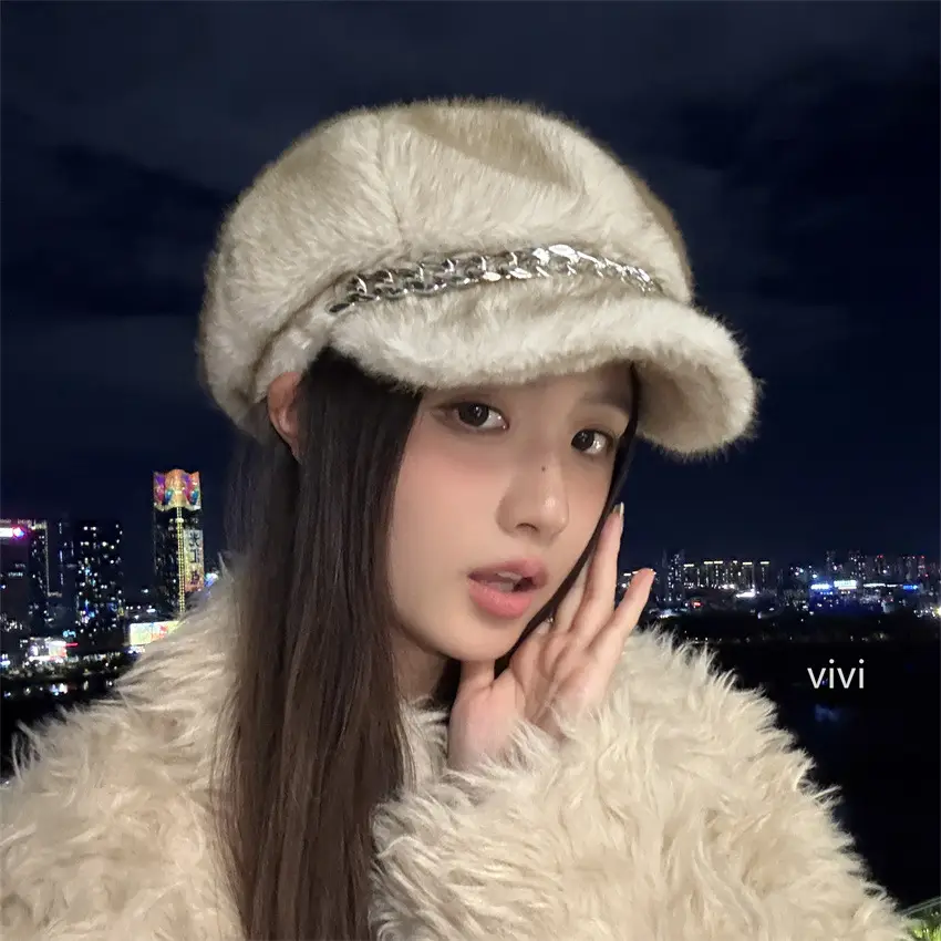 Korean Style Fur Cap Autumn Winter Windproof Octagonal Hat - Image 4