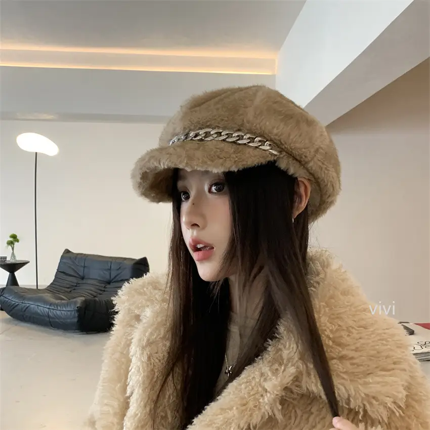 Korean Style Fur Cap Autumn Winter Windproof Octagonal Hat — feature 2