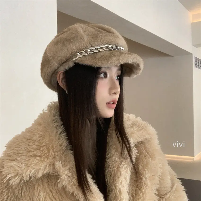Korean Style Fur Cap Autumn Winter Windproof Octagonal Hat — feature 3