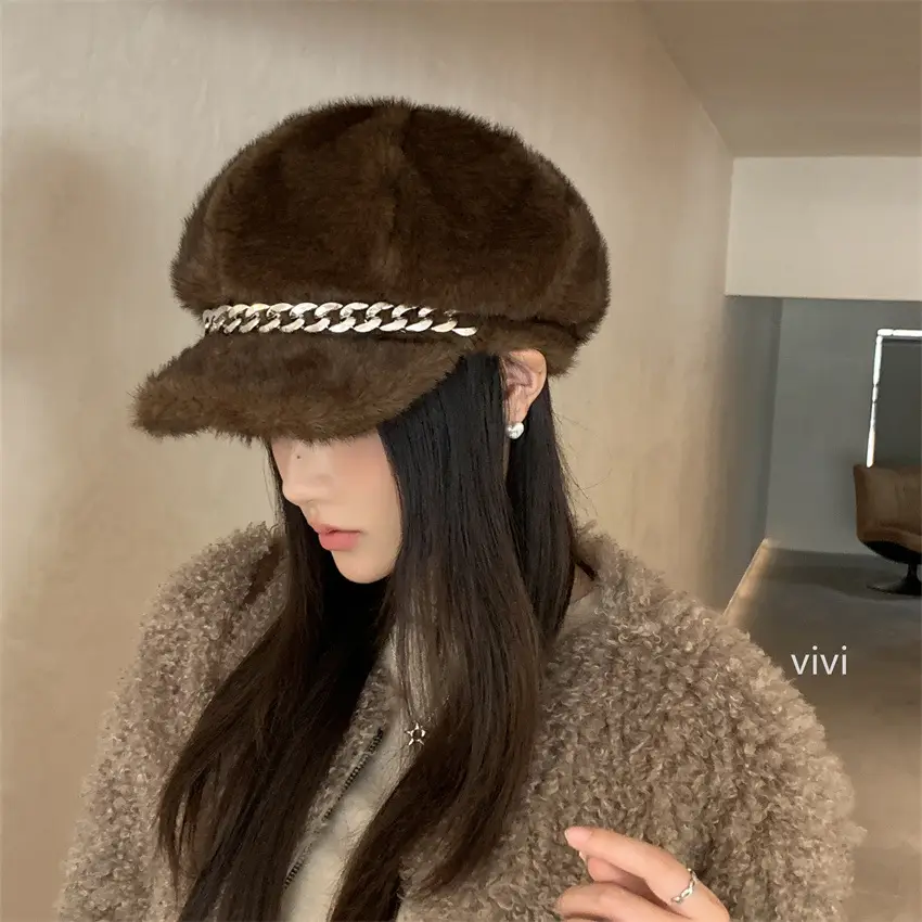Korean Style Fur Cap Autumn Winter Windproof Octagonal Hat - Image 2