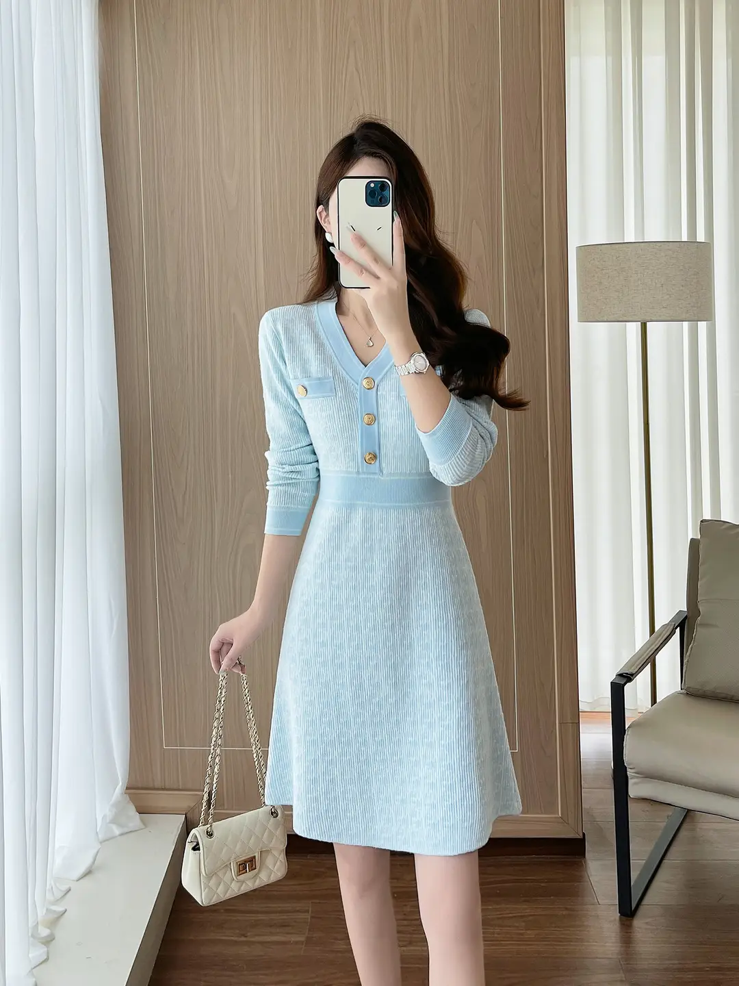 Celebrity Style Knitted Dress for Women in Autumn and Winter, Mid-Length V-Neck Sweater Dress with A-Line Skirt Underneath