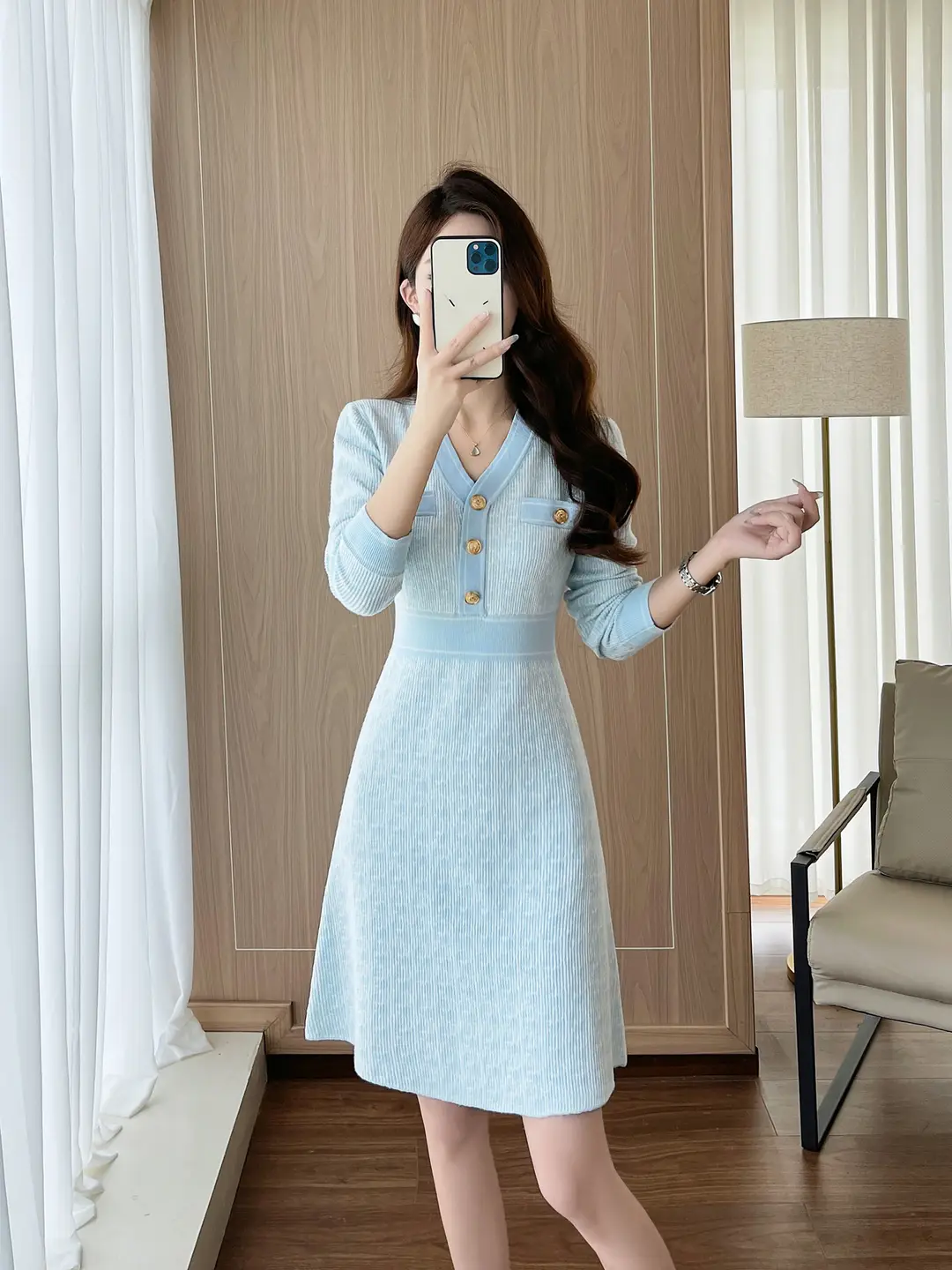 Celebrity Style Knitted Dress for Women in Autumn and Winter, Mid-Length V-Neck Sweater Dress with A-Line Skirt Underneath