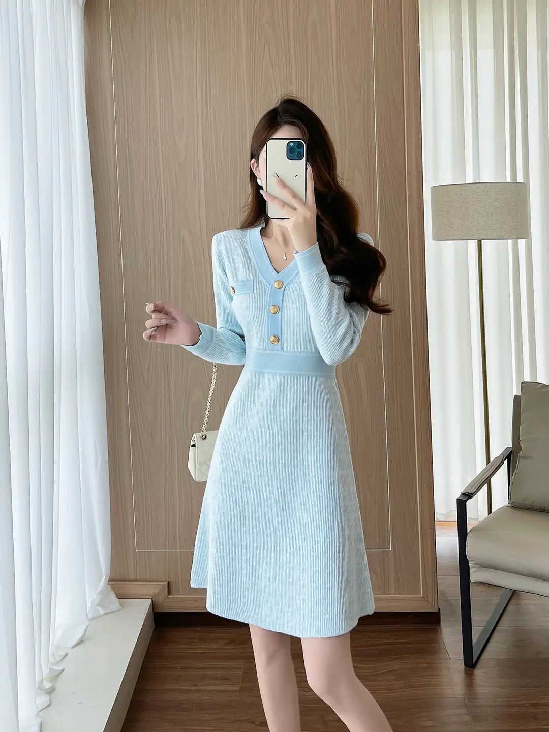 Celebrity Style Knitted Dress for Women in Autumn and Winter, Mid-Length V-Neck Sweater Dress with A-Line Skirt Underneath