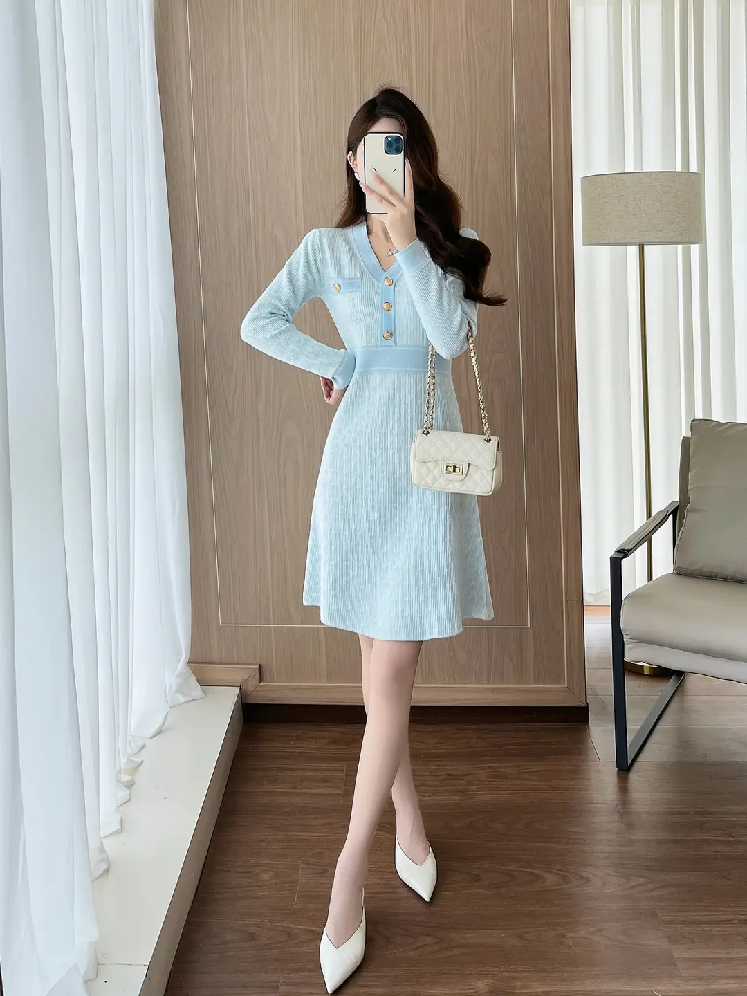 Celebrity Style Knitted Dress for Women in Autumn and Winter, Mid-Length V-Neck Sweater Dress with A-Line Skirt Underneath