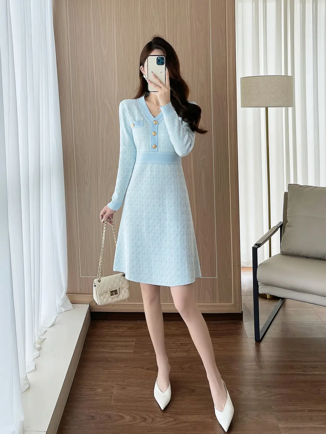 Celebrity Style Knitted Dress for Women in Autumn and Winter, Mid-Length V-Neck Sweater Dress with A-Line Skirt Underneath