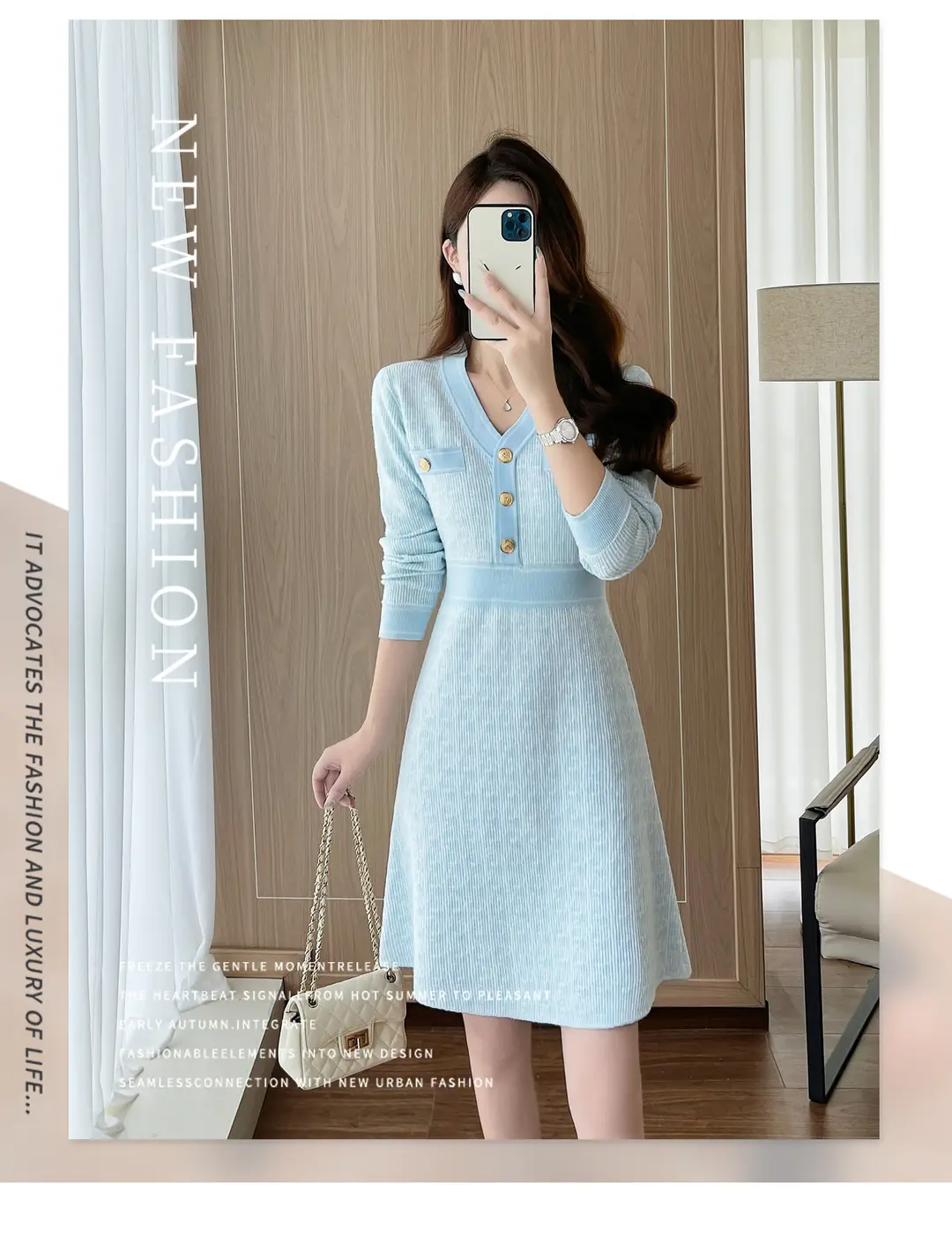 Celebrity Style Knitted Dress for Women in Autumn and Winter, Mid-Length V-Neck Sweater Dress with A-Line Skirt Underneath — feature 1