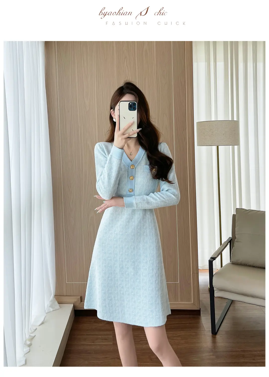 Celebrity Style Knitted Dress for Women in Autumn and Winter, Mid-Length V-Neck Sweater Dress with A-Line Skirt Underneath — feature 10