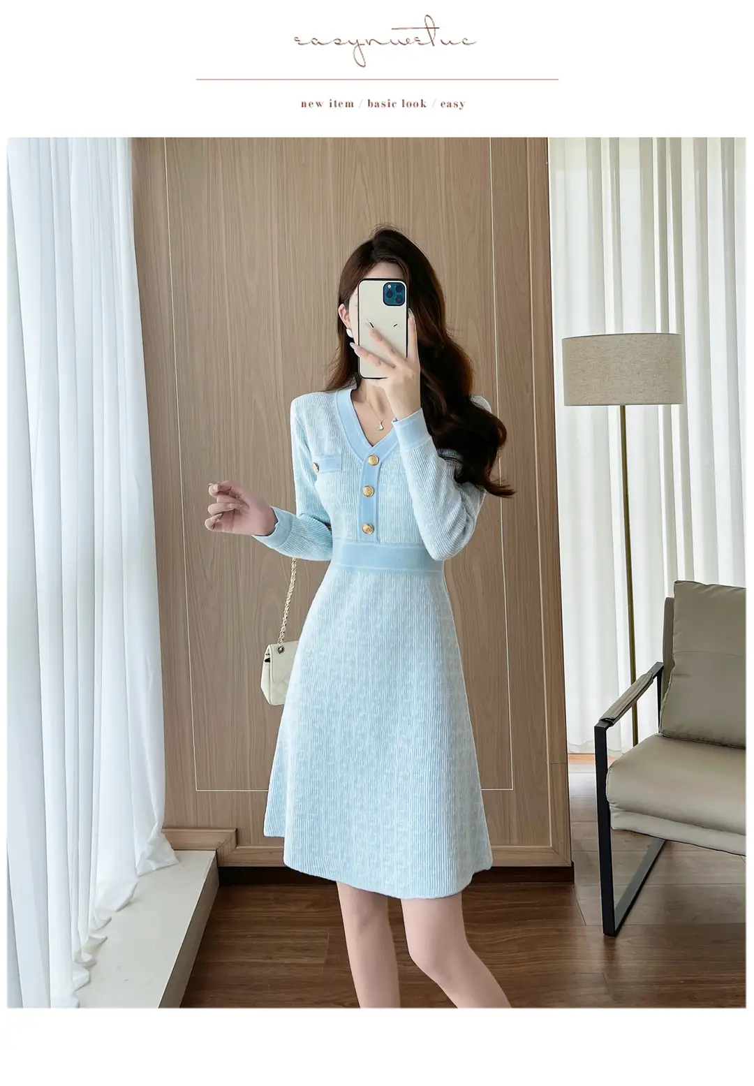 Celebrity Style Knitted Dress for Women in Autumn and Winter, Mid-Length V-Neck Sweater Dress with A-Line Skirt Underneath — feature 11