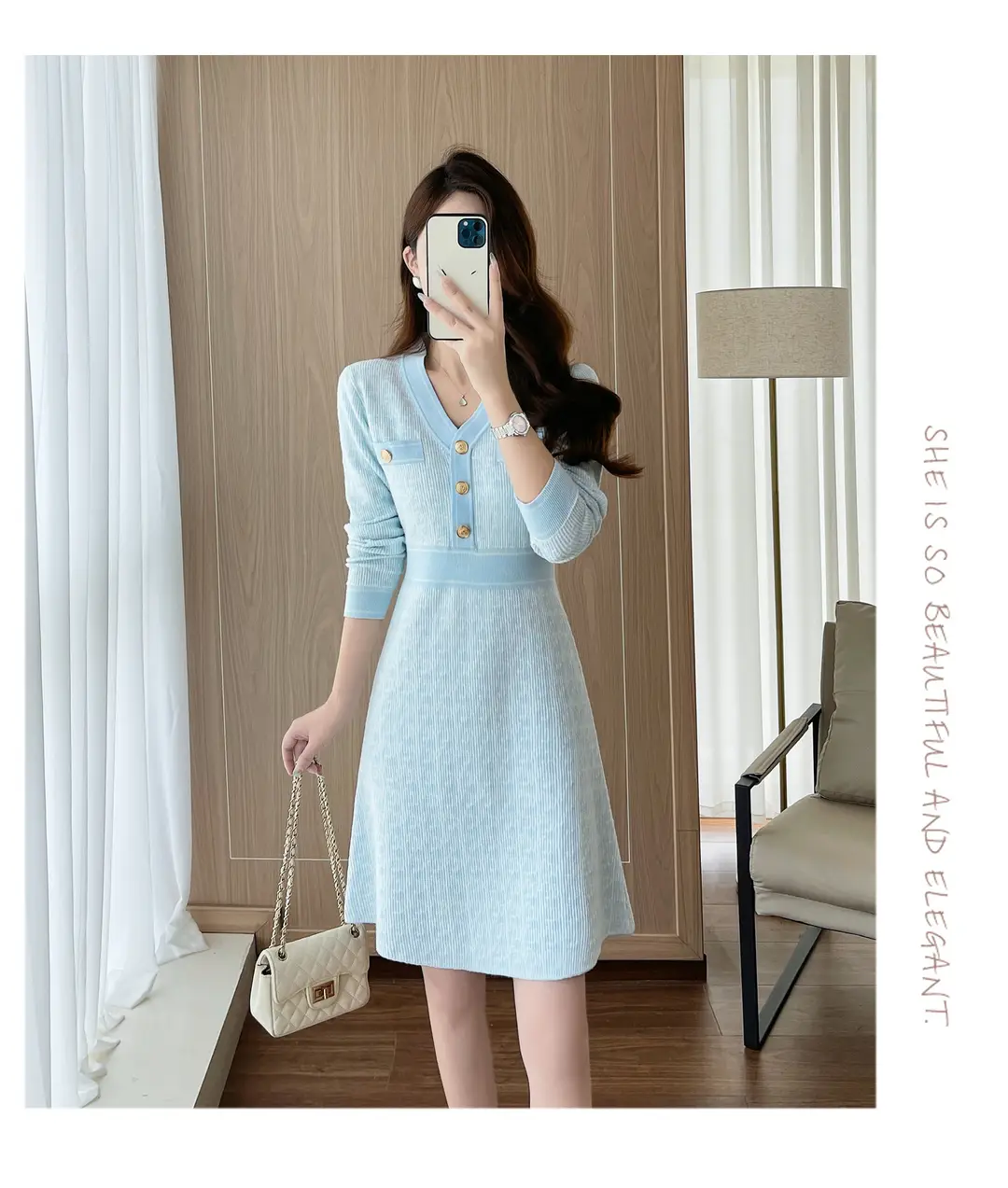Celebrity Style Knitted Dress for Women in Autumn and Winter, Mid-Length V-Neck Sweater Dress with A-Line Skirt Underneath — feature 12
