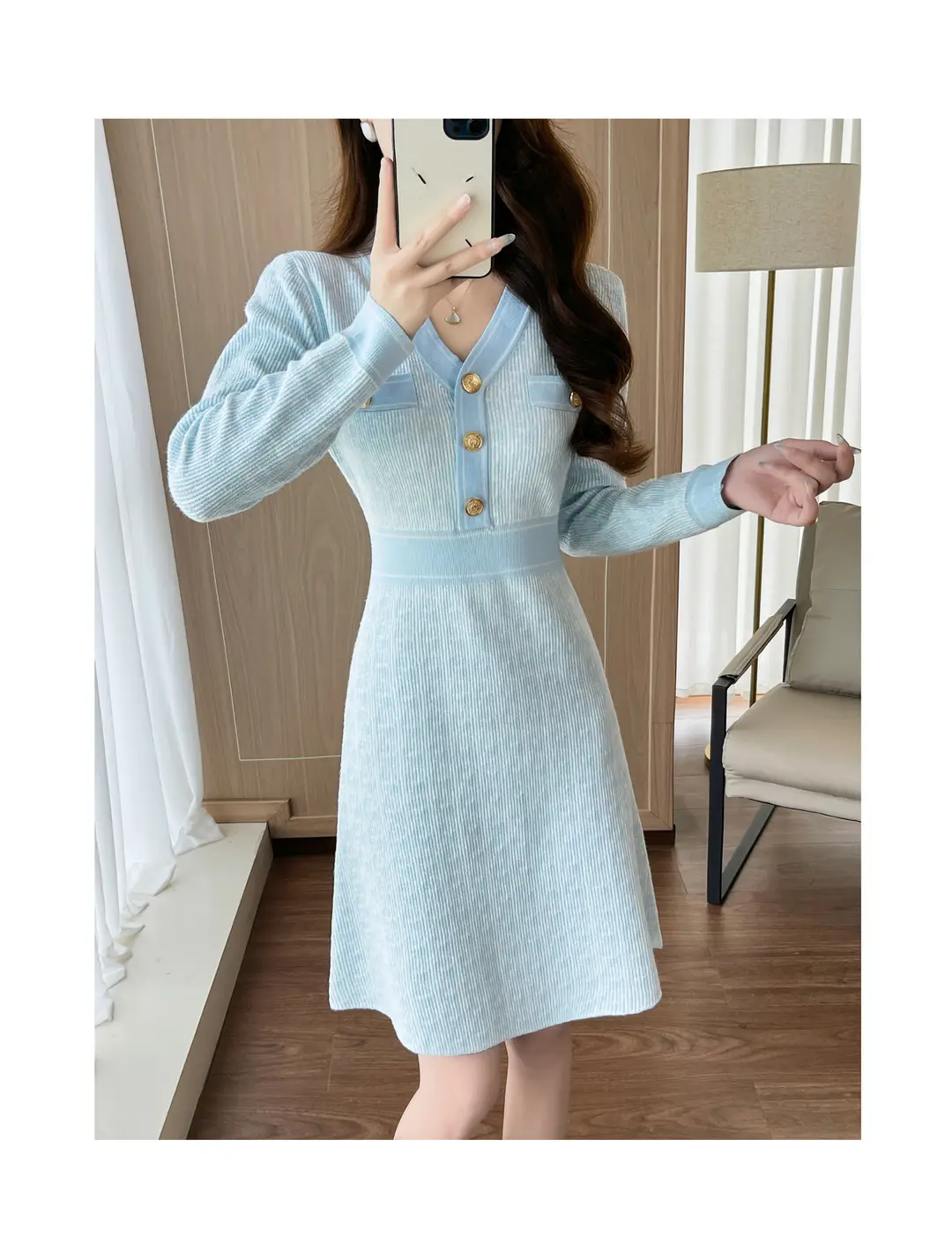 Celebrity Style Knitted Dress for Women in Autumn and Winter, Mid-Length V-Neck Sweater Dress with A-Line Skirt Underneath — feature 13
