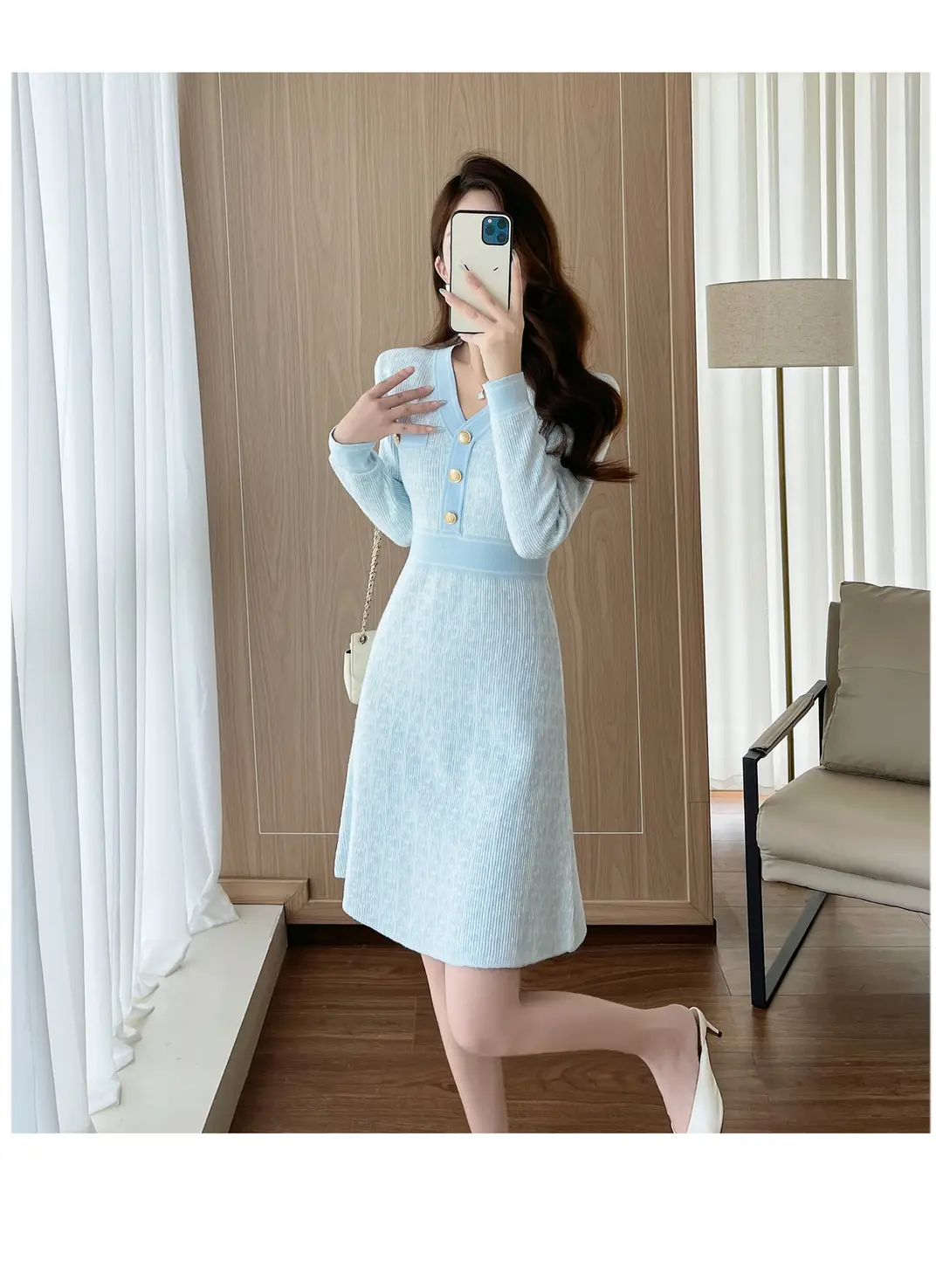 Celebrity Style Knitted Dress for Women in Autumn and Winter, Mid-Length V-Neck Sweater Dress with A-Line Skirt Underneath — feature 14