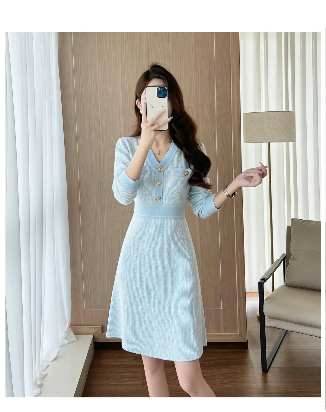 Celebrity Style Knitted Dress for Women in Autumn and Winter, Mid-Length V-Neck Sweater Dress with A-Line Skirt Underneath — feature 15