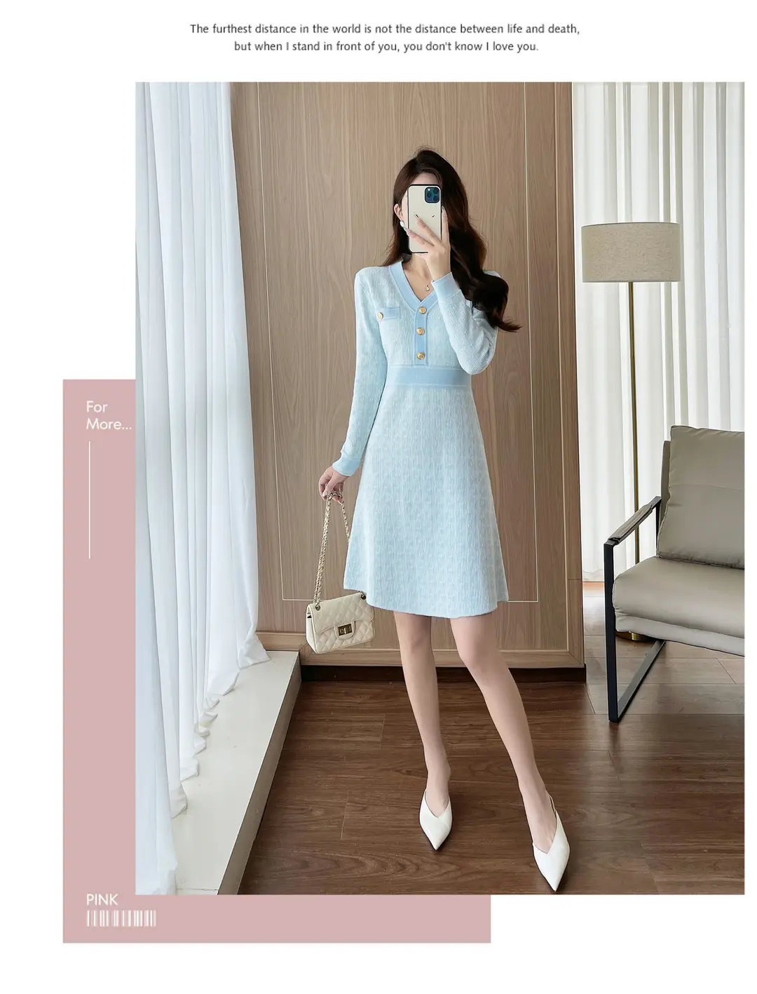 Celebrity Style Knitted Dress for Women in Autumn and Winter, Mid-Length V-Neck Sweater Dress with A-Line Skirt Underneath — feature 16