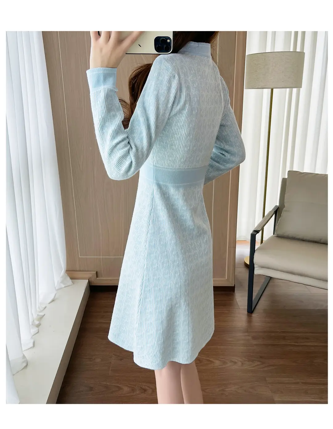 Celebrity Style Knitted Dress for Women in Autumn and Winter, Mid-Length V-Neck Sweater Dress with A-Line Skirt Underneath — feature 17