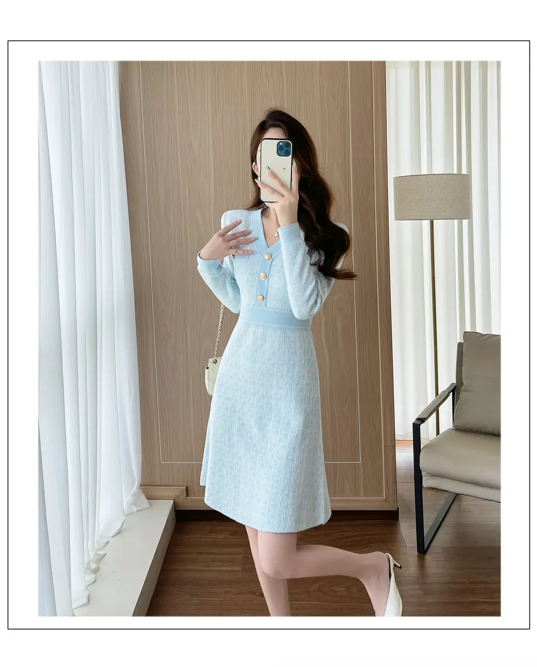 Celebrity Style Knitted Dress for Women in Autumn and Winter, Mid-Length V-Neck Sweater Dress with A-Line Skirt Underneath — feature 5