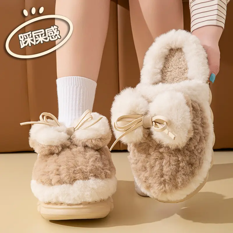 Women's Thick-Soled Cotton Slippers with a Stepping-On-Poop Feeling, Indoor Home Cotton Slippers, Warm Bow-Knot Furry Cotton Slippers - Image 19