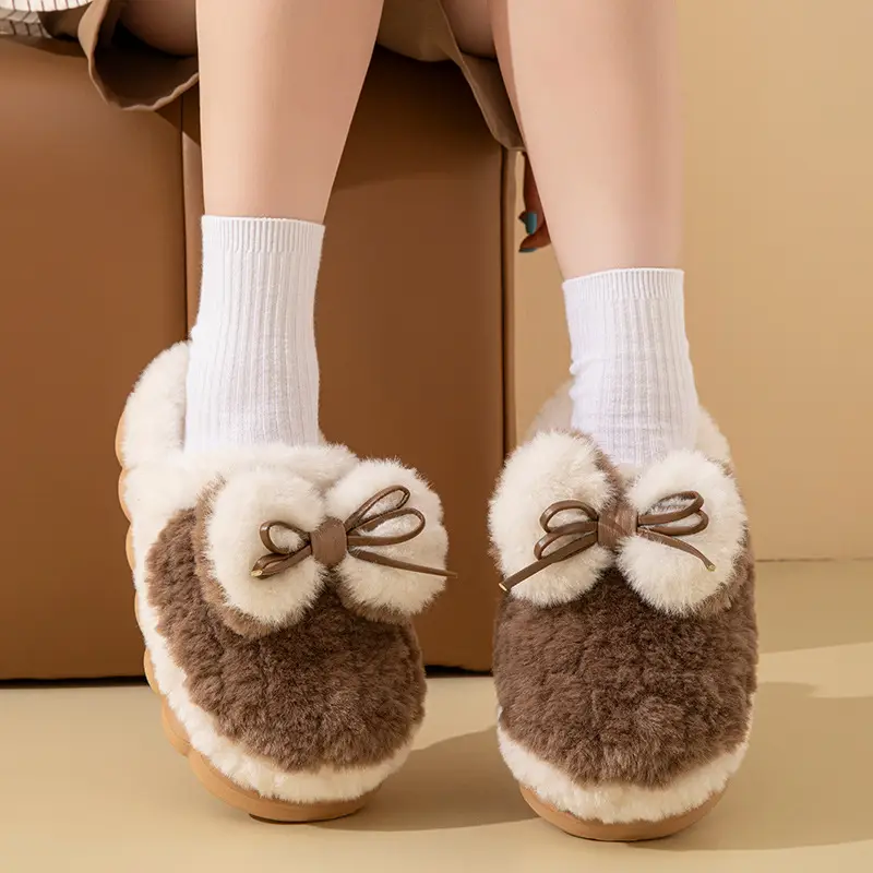Women's Thick-Soled Cotton Slippers with a Stepping-On-Poop Feeling, Indoor Home Cotton Slippers, Warm Bow-Knot Furry Cotton Slippers - Image 20
