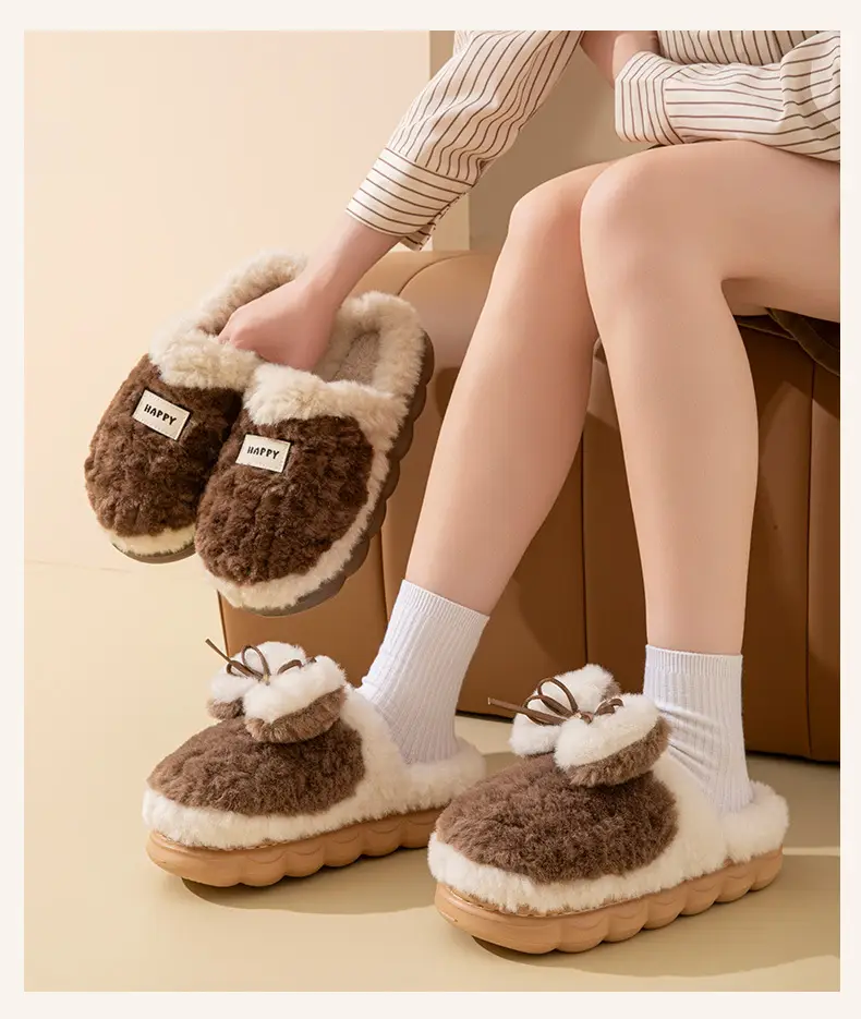 Women's Thick-Soled Cotton Slippers with a Stepping-On-Poop Feeling, Indoor Home Cotton Slippers, Warm Bow-Knot Furry Cotton Slippers — feature 11