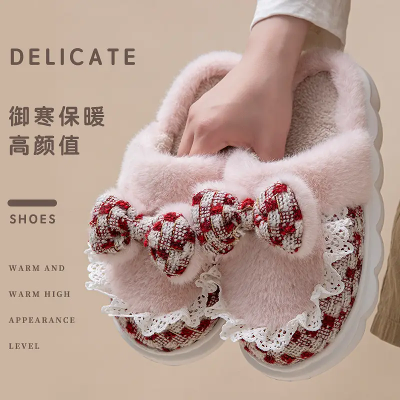 Women's Thick-Soled Cotton Slippers with a Stepping-On-Poop Feeling, Indoor Home Cotton Slippers, Warm Bow-Knot Furry Cotton Slippers - Image 15
