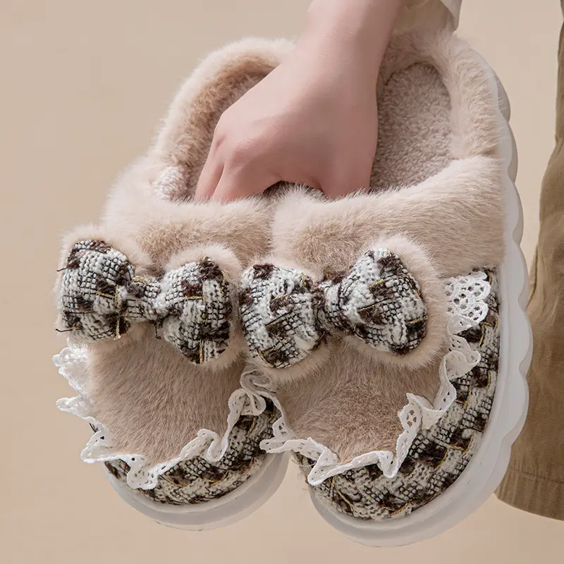 Women's Thick-Soled Cotton Slippers with a Stepping-On-Poop Feeling, Indoor Home Cotton Slippers, Warm Bow-Knot Furry Cotton Slippers - Image 16