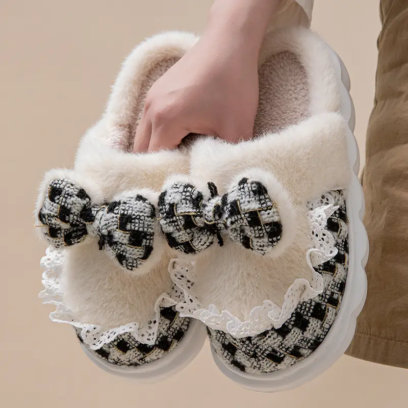 Women's Thick-Soled Cotton Slippers with a Stepping-On-Poop Feeling, Indoor Home Cotton Slippers, Warm Bow-Knot Furry Cotton Slippers - Image 17