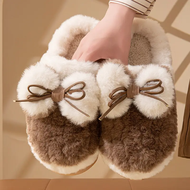 Women's Thick-Soled Cotton Slippers with a Stepping-On-Poop Feeling, Indoor Home Cotton Slippers, Warm Bow-Knot Furry Cotton Slippers