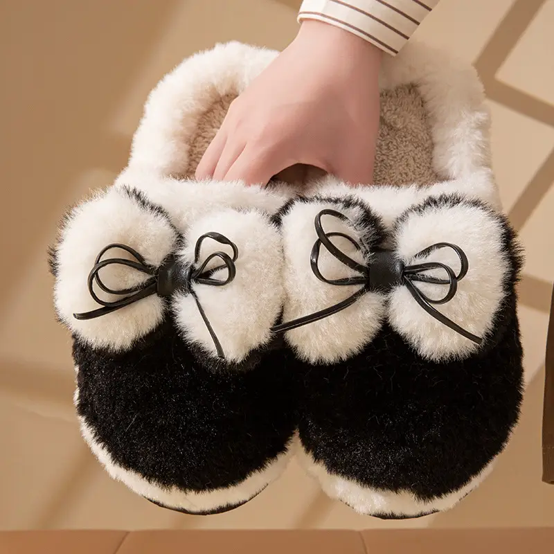 Women's Thick-Soled Cotton Slippers with a Stepping-On-Poop Feeling, Indoor Home Cotton Slippers, Warm Bow-Knot Furry Cotton Slippers - Image 2