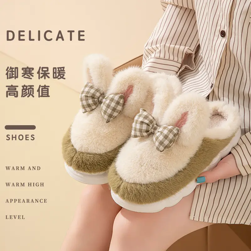 Women's Thick-Soled Cotton Slippers with a Stepping-On-Poop Feeling, Indoor Home Cotton Slippers, Warm Bow-Knot Furry Cotton Slippers - Image 6