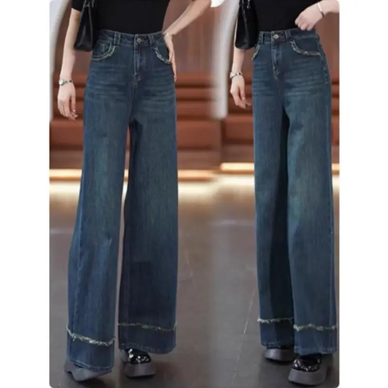 Women Retro Dark Blue Wide Leg Jeans 2025
