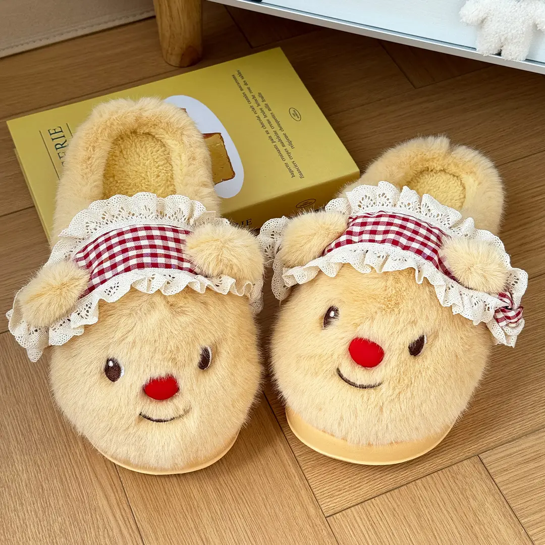 Nanbowan Cartoon Cotton Slippers for Women Winter Cute Bear Home Indoor Velvet Warm Anti-Slip Furry Slippers for Women - Image 3