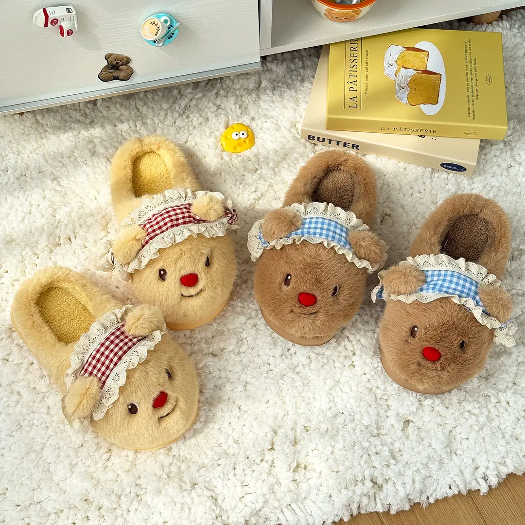 Nanbowan Cartoon Cotton Slippers for Women Winter Cute Bear Home Indoor Velvet Warm Anti-Slip Furry Slippers for Women - Image 4