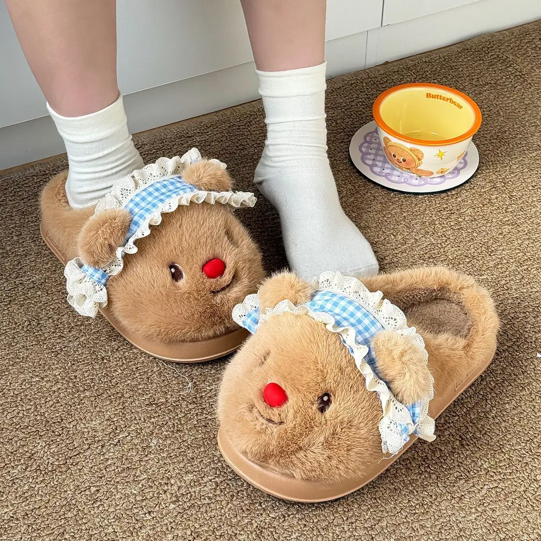 Nanbowan Cartoon Cotton Slippers for Women Winter Cute Bear Home Indoor Velvet Warm Anti-Slip Furry Slippers for Women - Image 5