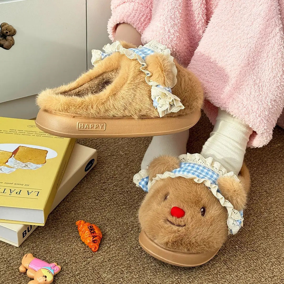 Nanbowan Cartoon Cotton Slippers for Women Winter Cute Bear Home Indoor Velvet Warm Anti-Slip Furry Slippers for Women - Image 6