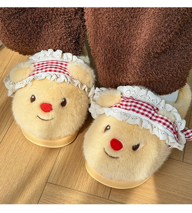 Nanbowan Cartoon Cotton Slippers for Women Winter Cute Bear Home Indoor Velvet Warm Anti-Slip Furry Slippers for Women — feature 7