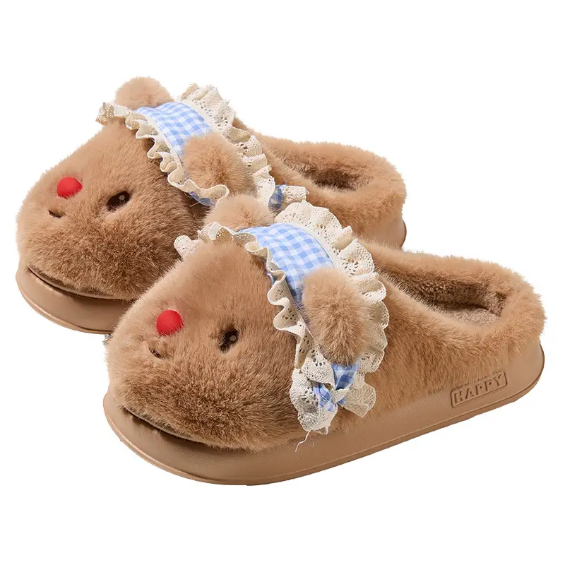 Nanbowan Cartoon Cotton Slippers for Women Winter Cute Bear Home Indoor Velvet Warm Anti-Slip Furry Slippers for Women - Image 2