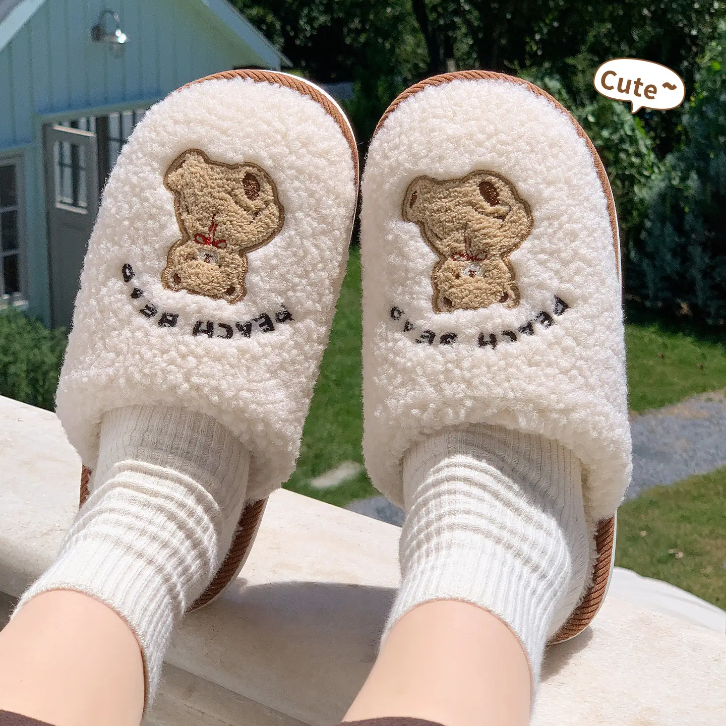 Cute Bear Plush Winter Slippers for Women