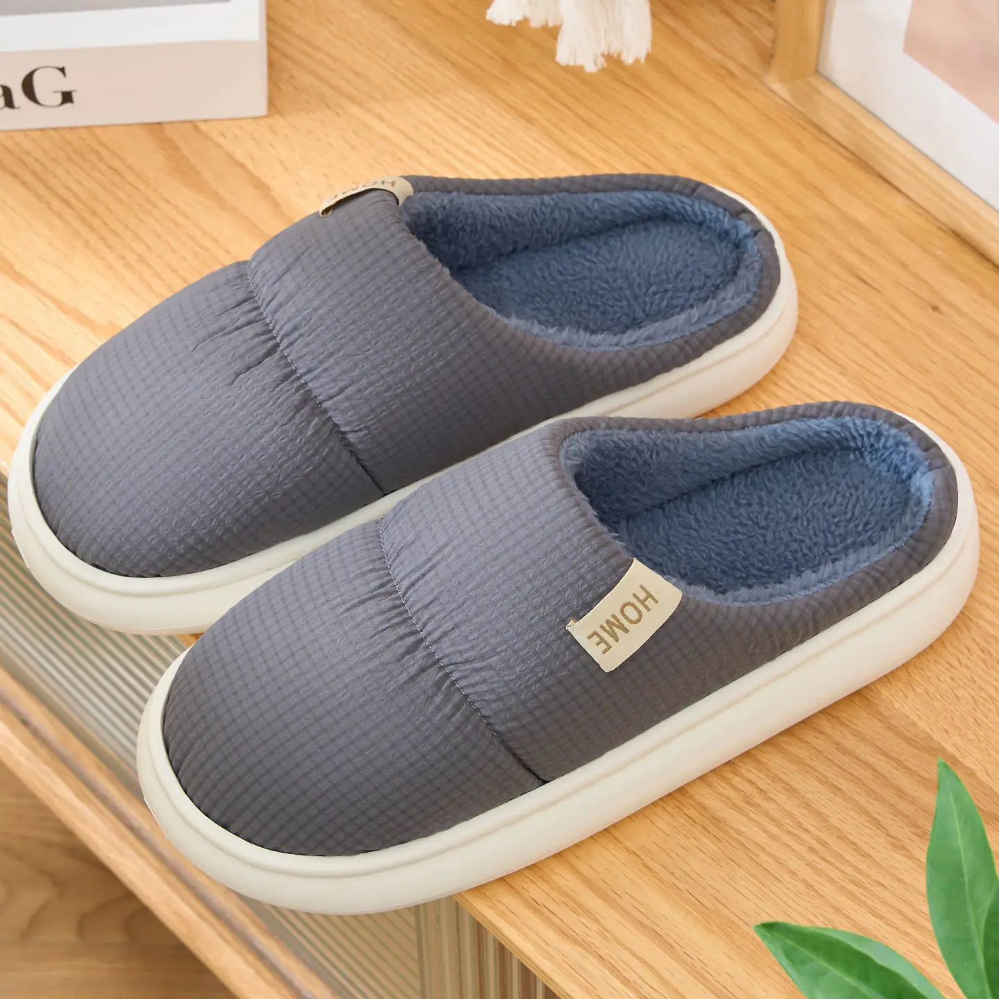 Men Cotton Slippers White Warm Non-Slip