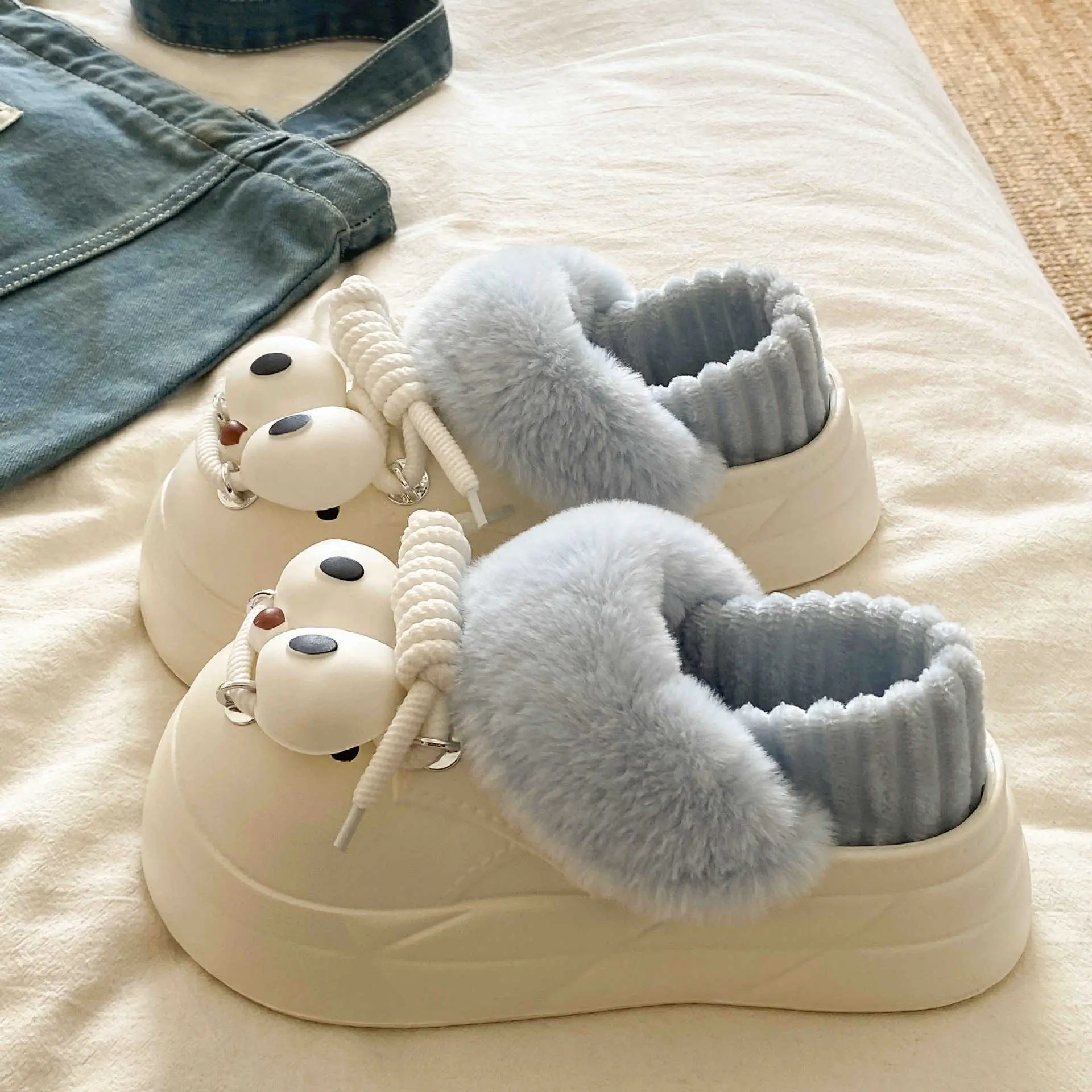 2025 Winter Warm Cotton Slippers Black with Faux Fur