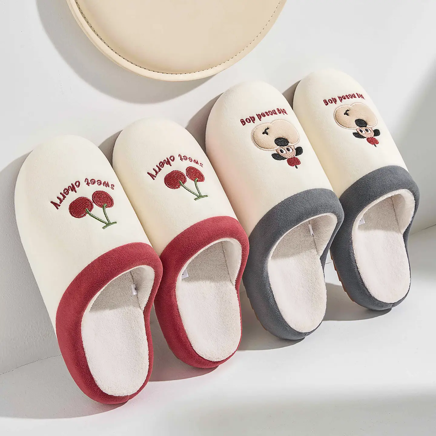 Cute Cherry Print Cotton Slippers for Home Winter - Image 3