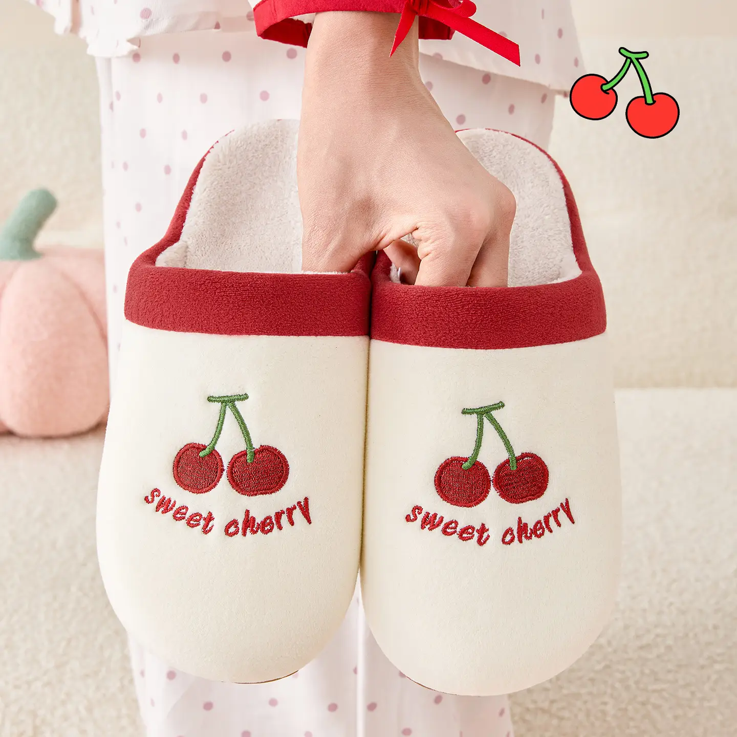Cute Cherry Print Cotton Slippers for Home Winter - Image 4