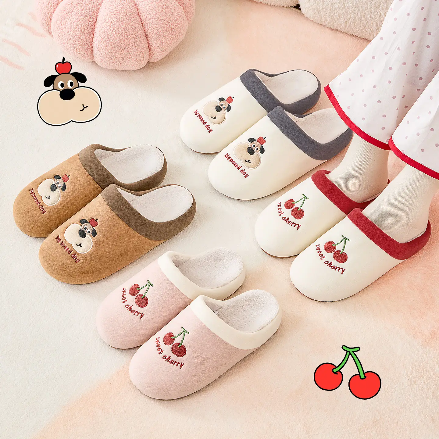 Cute Cherry Print Cotton Slippers for Home Winter - Image 6