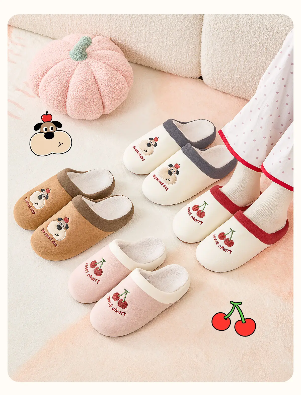 Cute Cherry Print Cotton Slippers for Home Winter — feature 18