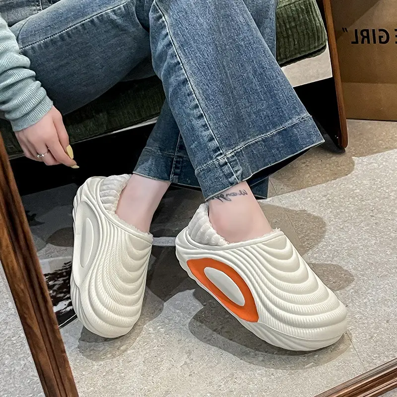 Women's Winter Fleece Lined Slipper White Orange Cushioned - Image 7