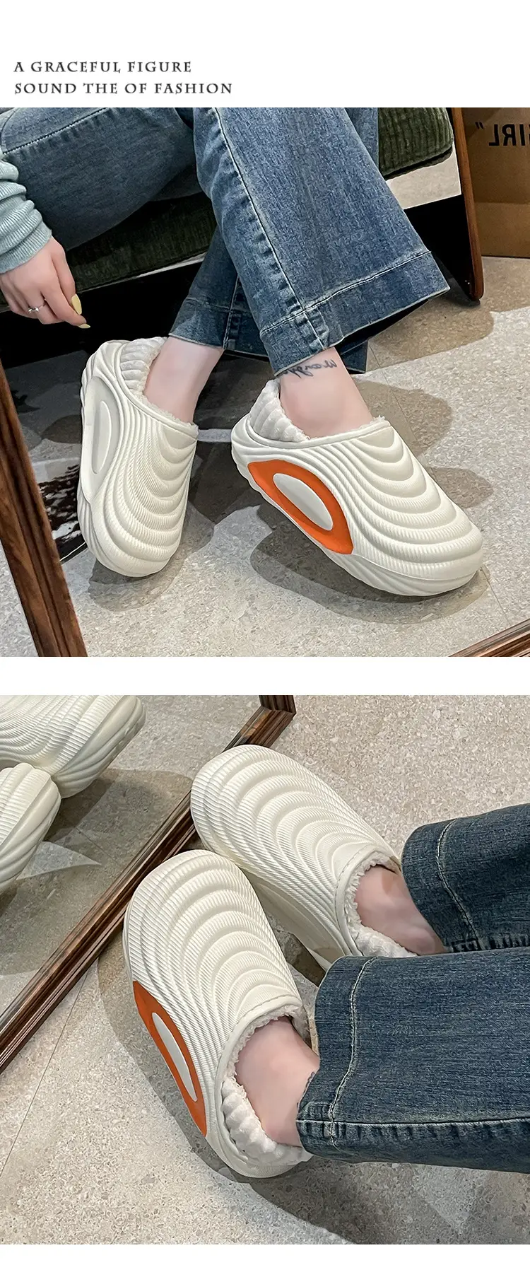 Women's Winter Fleece Lined Slipper White Orange Cushioned — feature 15