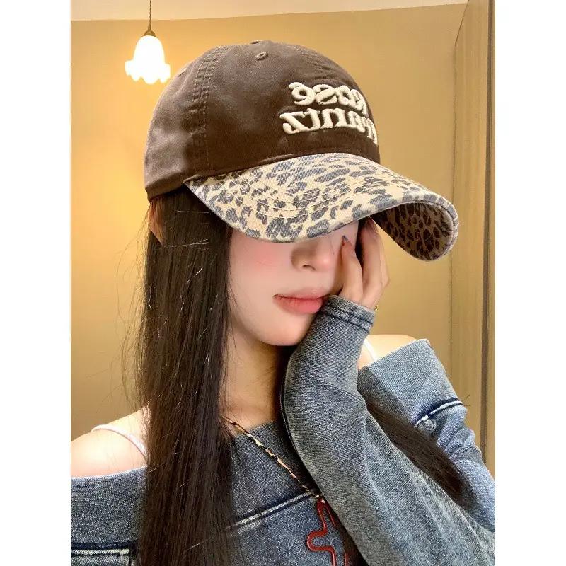 Women Letter Embroidered Leopard Cap Wide Brim