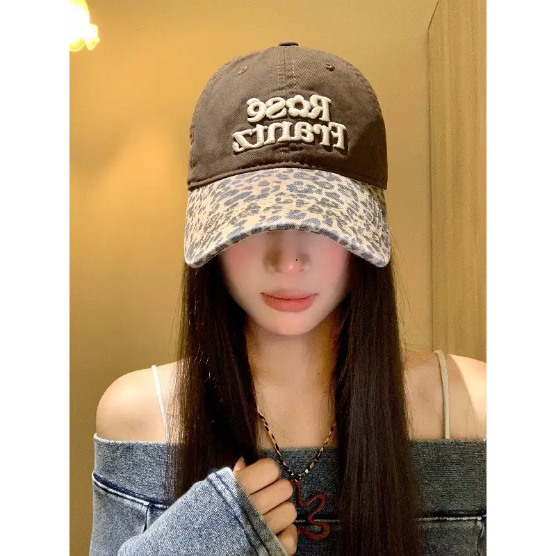 Women Letter Embroidered Leopard Cap Wide Brim